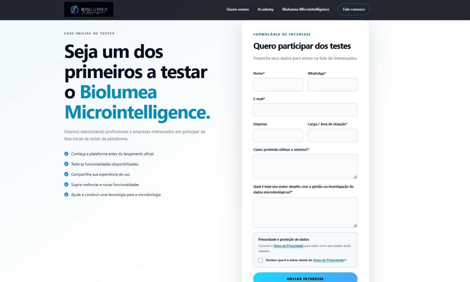 Prévia do formulário de adesão do site BioLumea