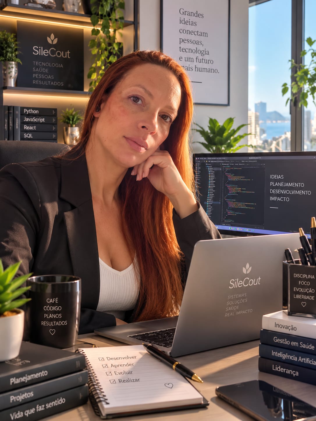 Josilene em seu ambiente de trabalho com tecnologia